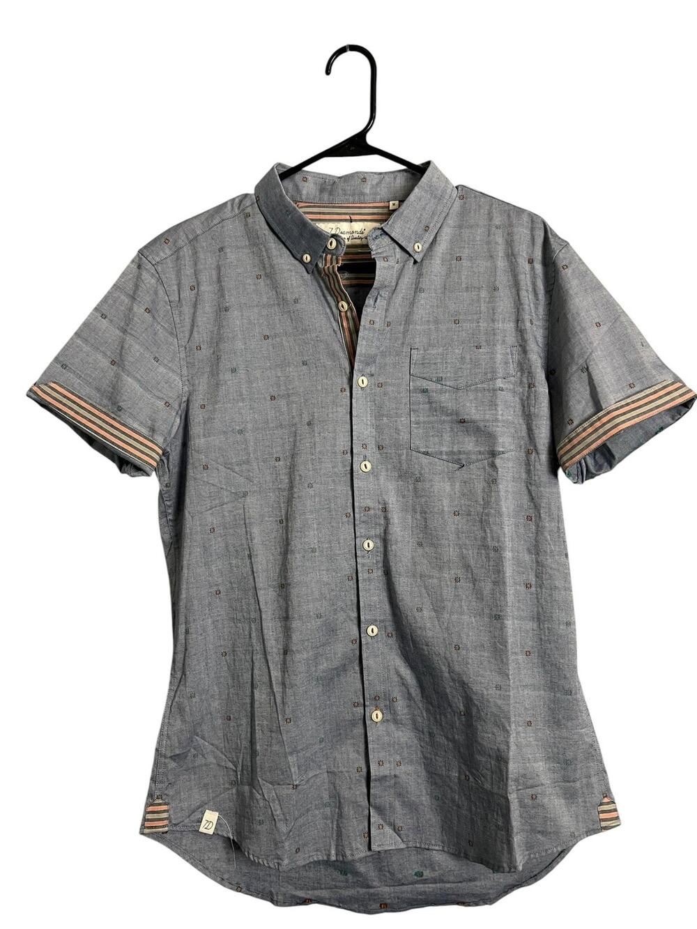 7 Diamonds Button Up Shirt Mens Medium Gray Chambray Short Sleeve Geometric Dots